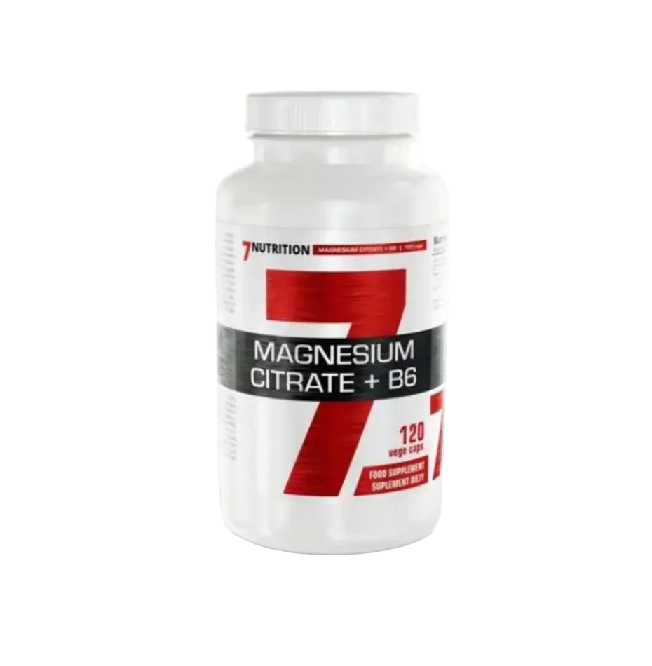 Supplement bottle labeled '7 Nutrition Magnesium Citrate + B6' on a white background