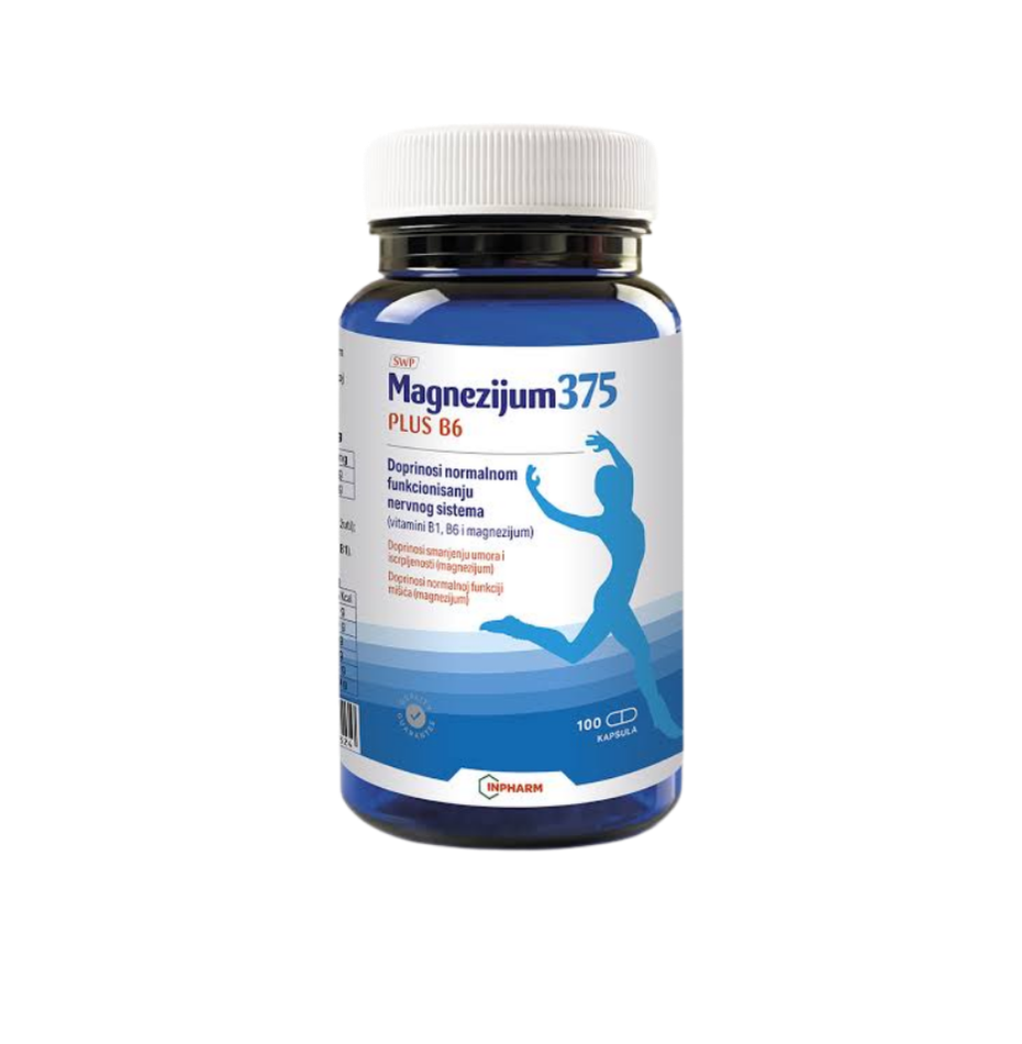 Supplement bottle labeled 'Magnezijum 375 Plus B6' on a white background