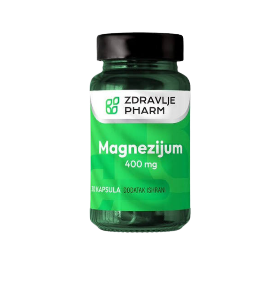 Green bottle of Zdravlje Pharm Magnesijum 400 mg on a white background