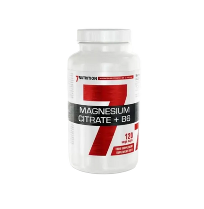 Supplement bottle labeled '7 Nutrition Magnesium Citrate + B6' on a white background