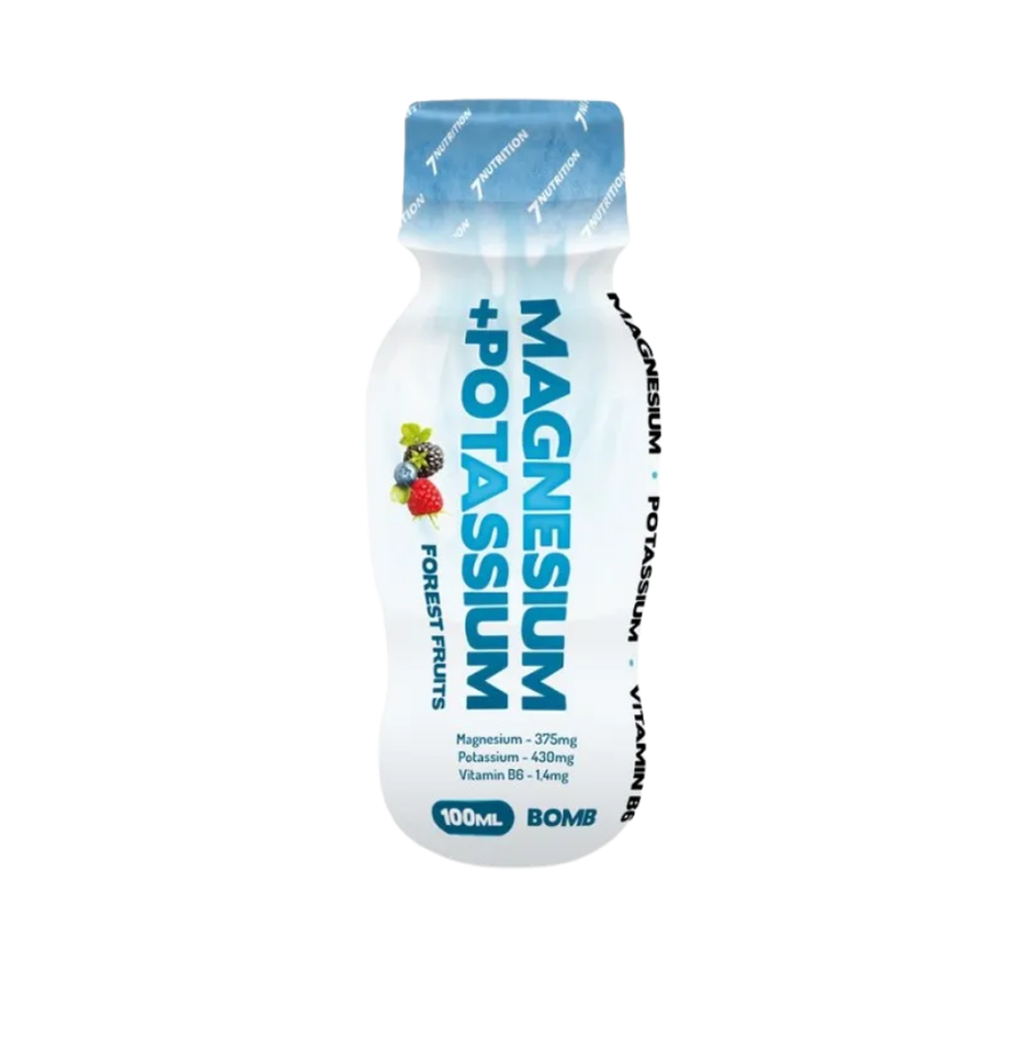 Bottle of Magnesium + Potassium supplement with forest fruits flavor on a white background