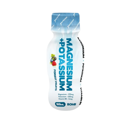 Bottle of Magnesium + Potassium supplement with forest fruits flavor on a white background