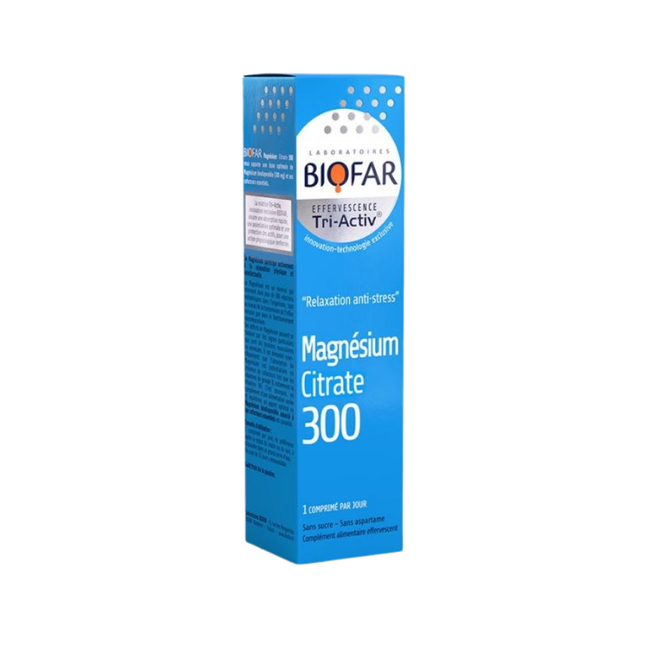 Blue box of Biofar Magnesium Citrate 300 on a white background