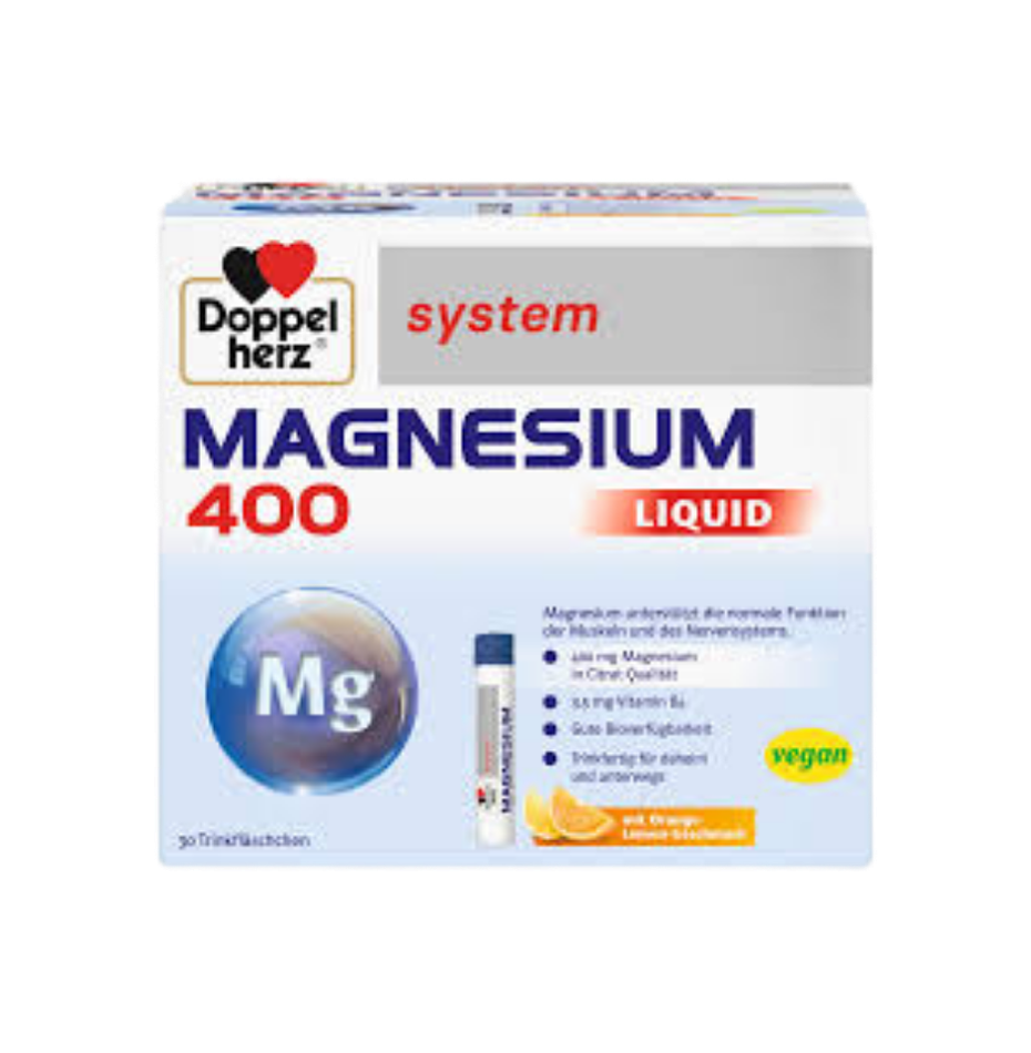 Doppelherz Magnesium 400 Liquid supplement box on a white background