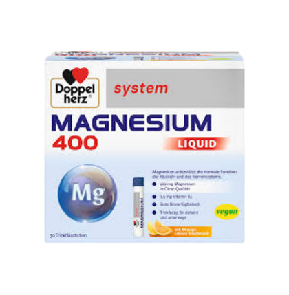 Doppelherz Magnesium 400 Liquid supplement box on a white background