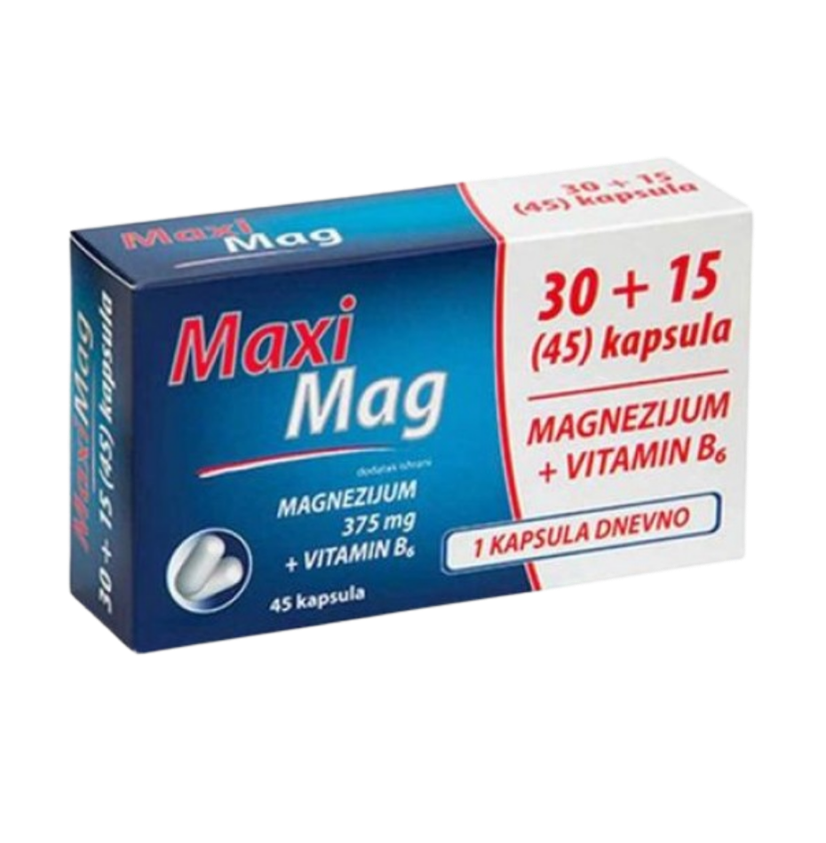 Maxi Mag supplement packaging with blue and white design on a white background