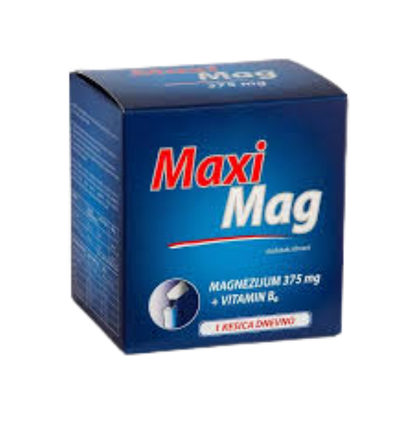 Blue packaging of Maxi Mag with red and white text on a white background