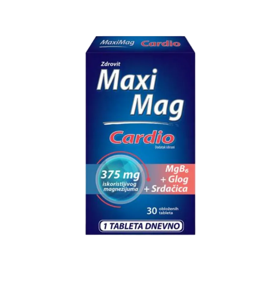 Maxi Mag Cardio supplement box on a white background