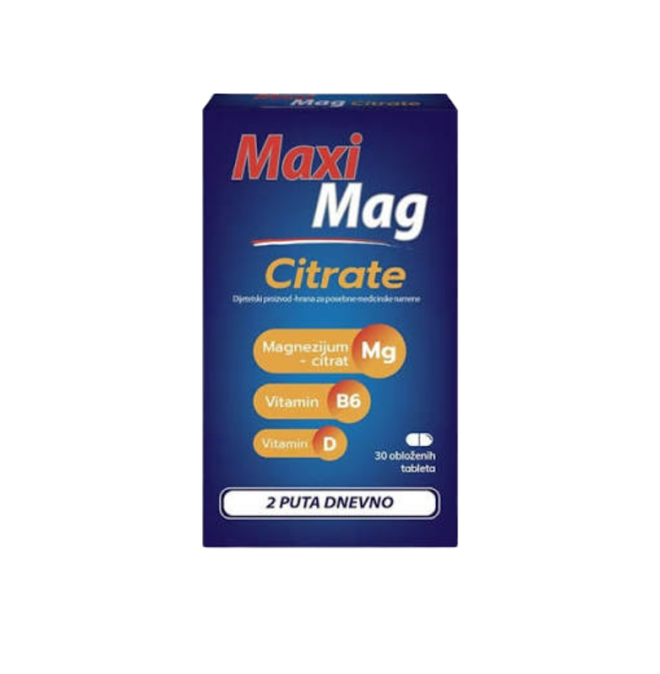 Maxi Mag Citrate supplement box on a white background