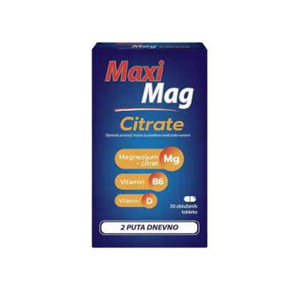 Maxi Mag Citrate supplement box on a white background
