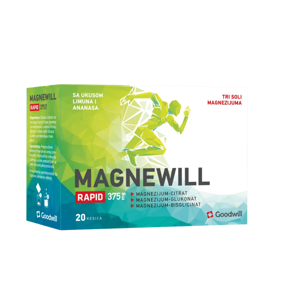 Magnewill supplement box with a running person graphic on a white background