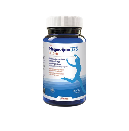 Supplement bottle labeled 'Magnezijum 375 Plus B6' on a white background