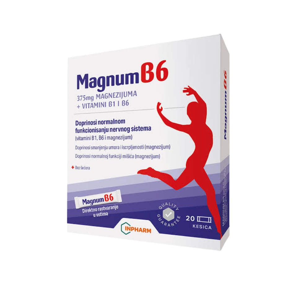 Magnum B6 supplement packaging with a red silhouette of a person on a white background