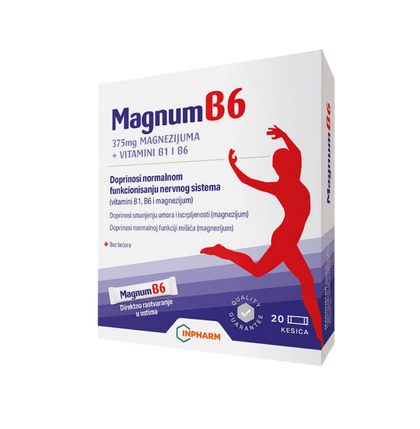 Magnum B6 supplement packaging with a red silhouette of a person on a white background