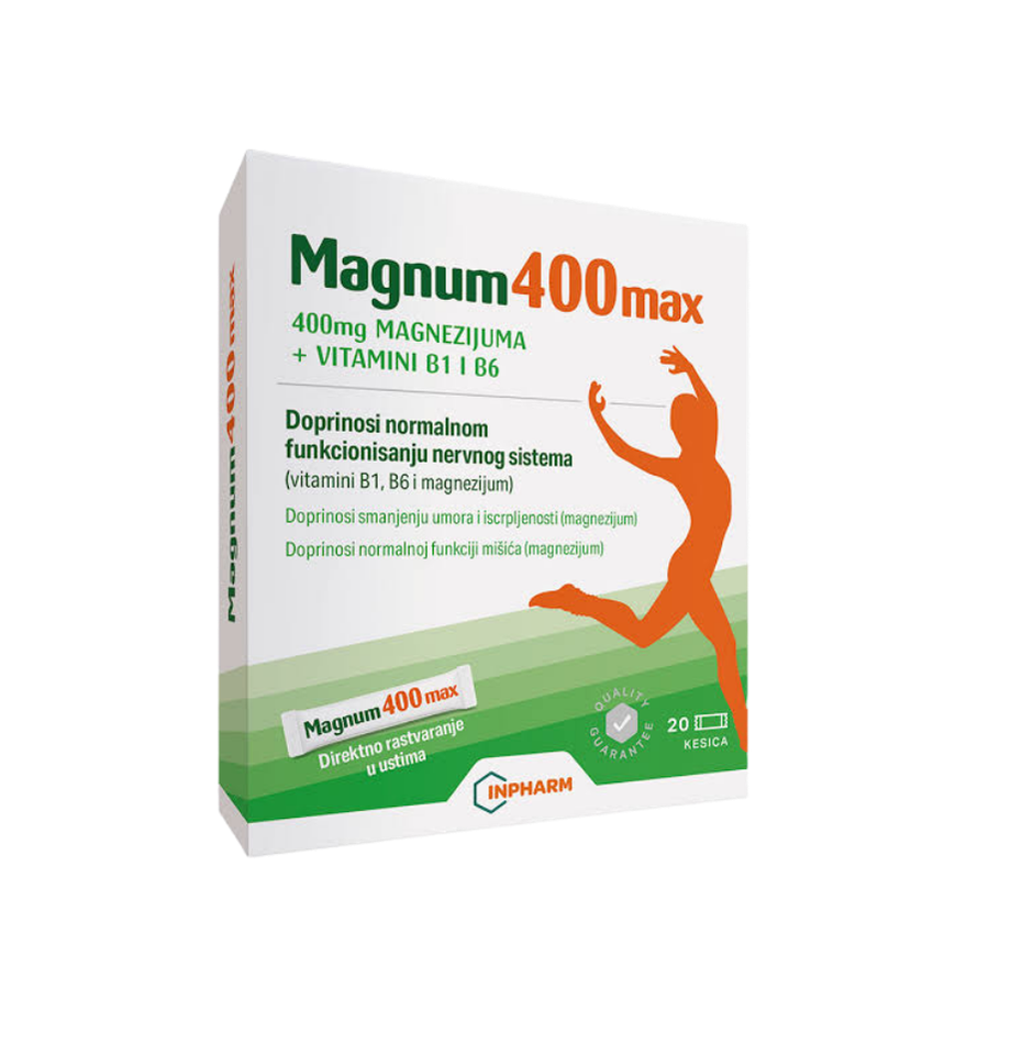 Box of Magnum 400 max supplement with an orange figure on a white background