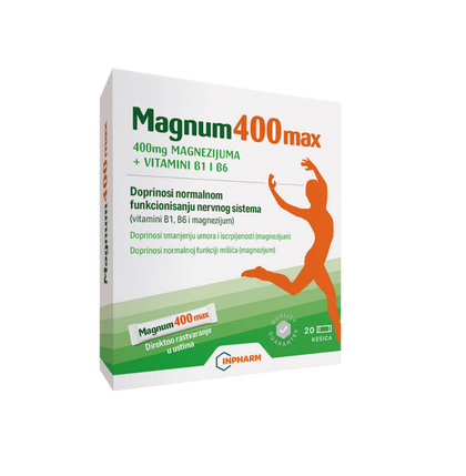 Box of Magnum 400 max supplement with an orange figure on a white background