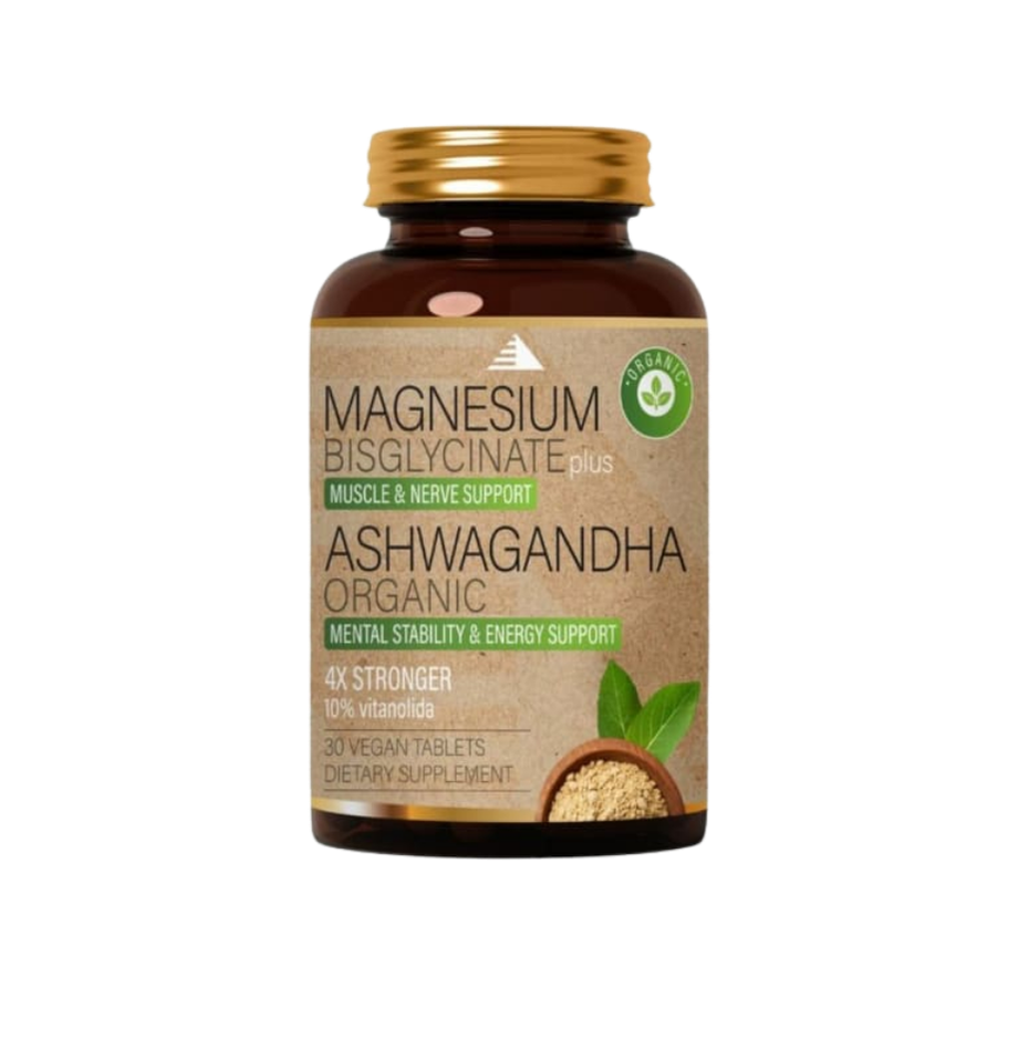 Supplement bottle labeled 'Magnesium Bisglycinate plus Ashwagandha Organic' on a white background