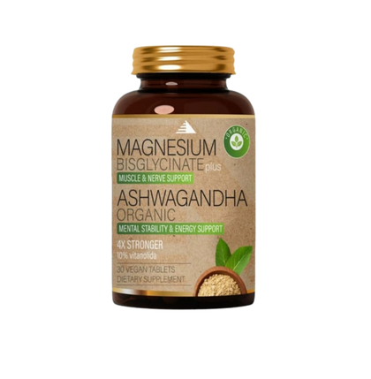 Supplement bottle labeled 'Magnesium Bisglycinate plus Ashwagandha Organic' on a white background