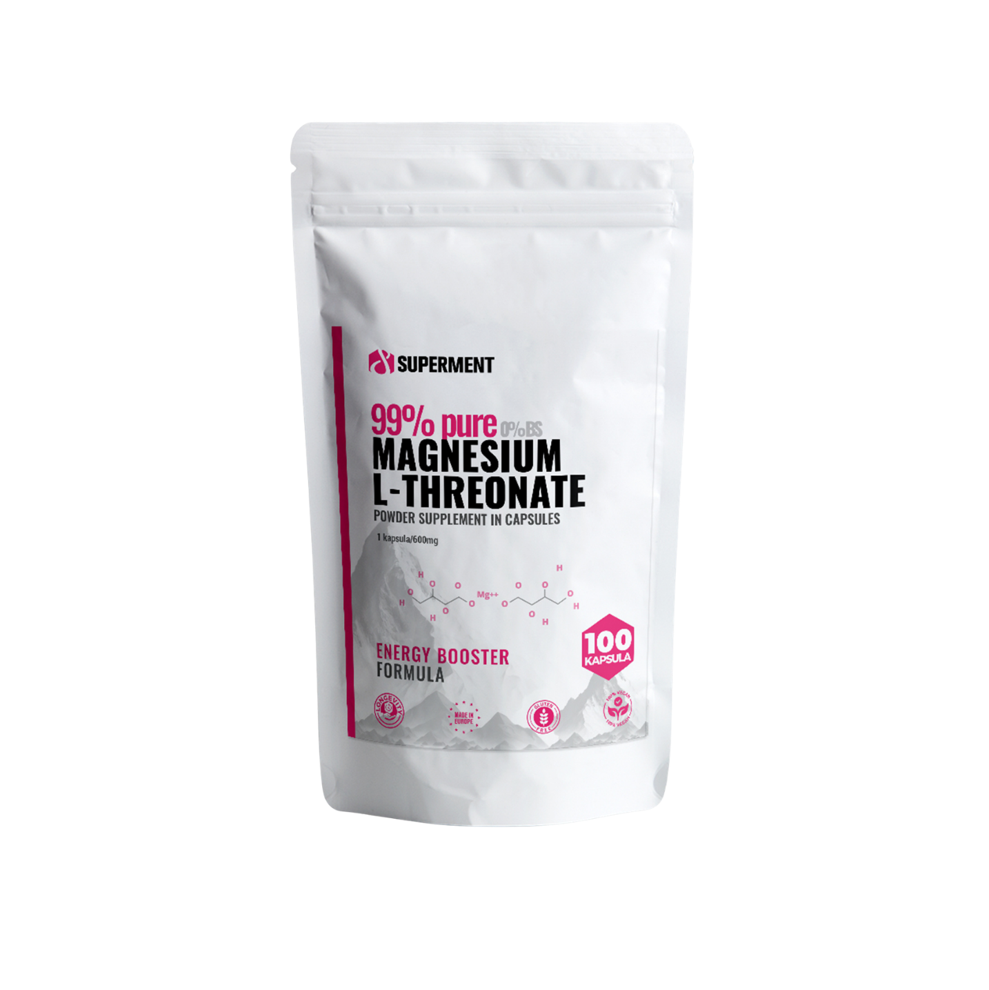 A white stand-up pouch of Superment 99% Pure Magnesium L-Threonate powder supplement capsules, shown on a plain white background.
