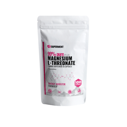 A white stand-up pouch of Superment 99% Pure Magnesium L-Threonate powder supplement capsules, shown on a plain white background.