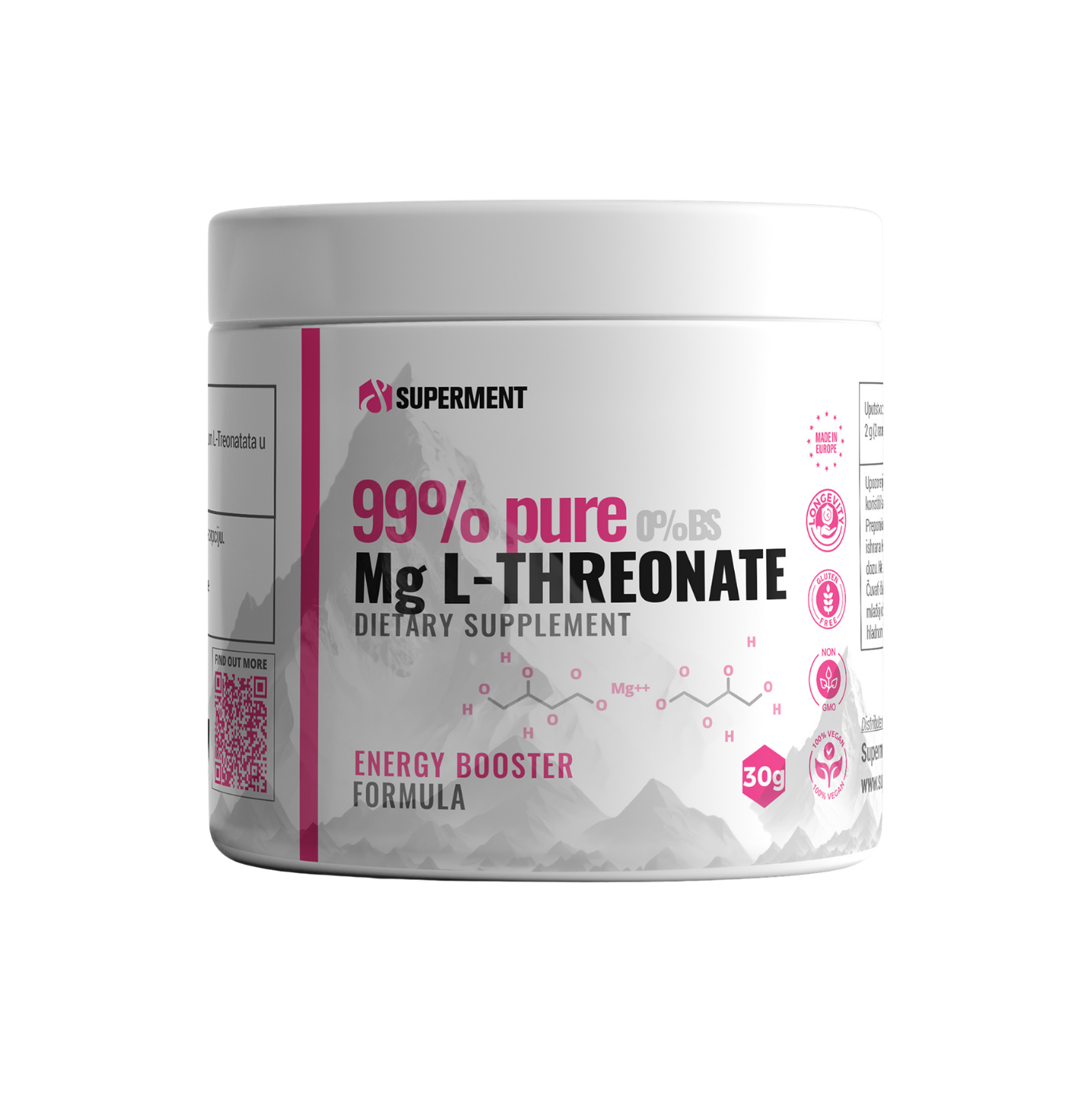 A white plastic tub of Superment 99% pure Mg L-Threonate dietary supplement, featuring a white label with pink and black text and mountain graphics.