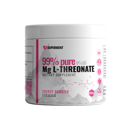 A white plastic tub of Superment 99% pure Mg L-Threonate dietary supplement, featuring a white label with pink and black text and mountain graphics.