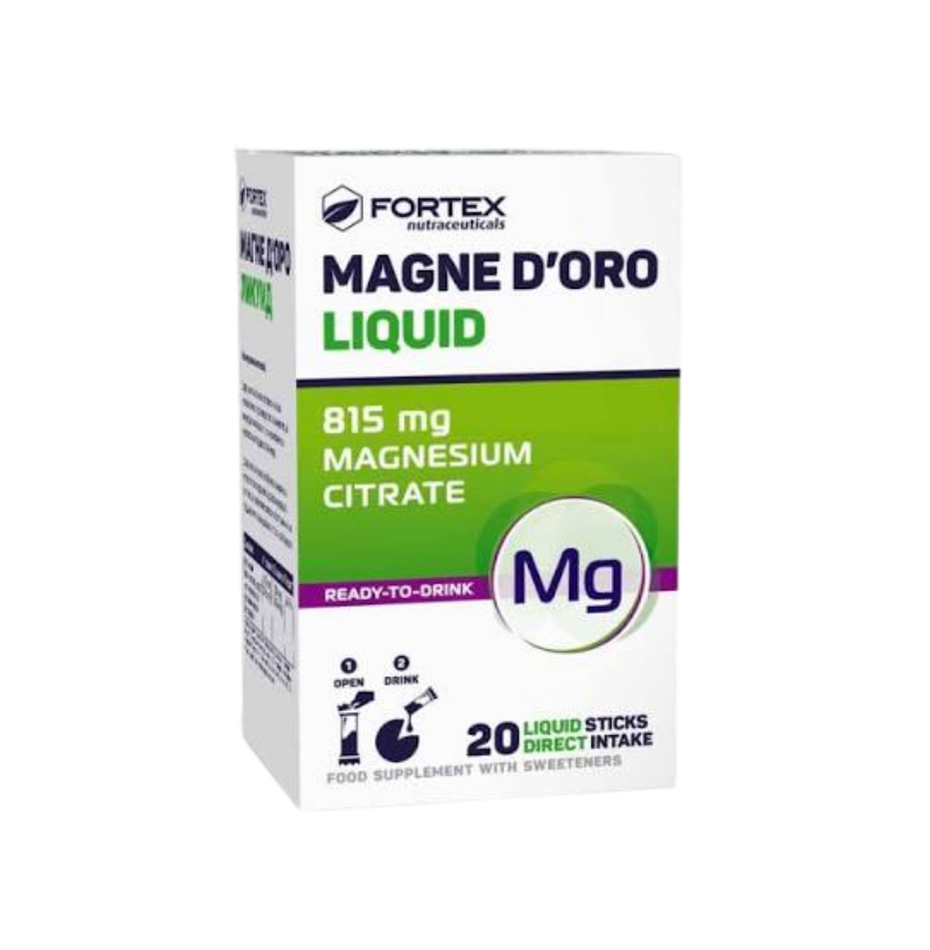 Fortex Magne D'Oro Liquid supplement packaging on a white background