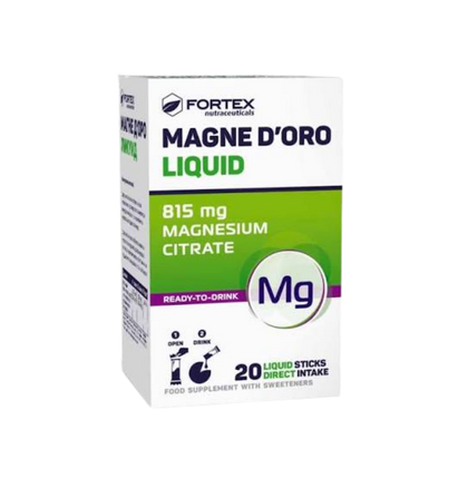 Fortex Magne D'Oro Liquid supplement packaging on a white background