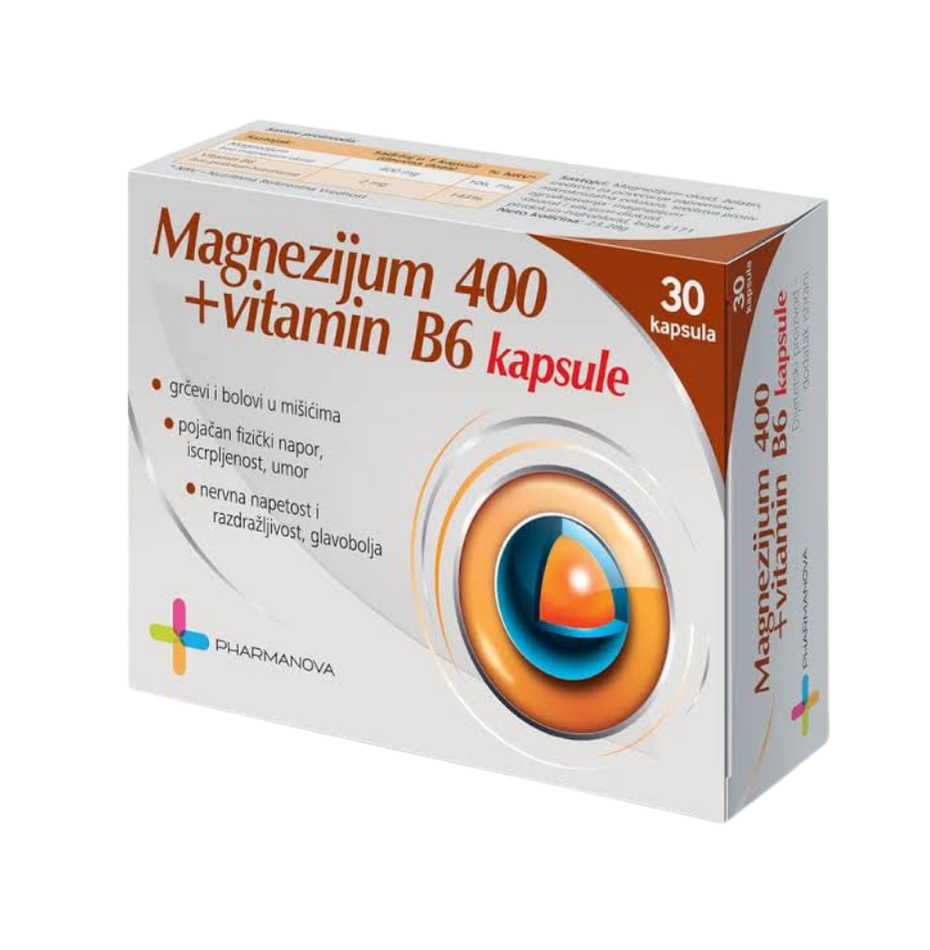 Box of Magnezijum 400 + Vitamin B6 capsules with branding on a white background