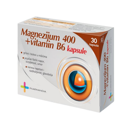 Box of Magnezijum 400 + Vitamin B6 capsules with branding on a white background