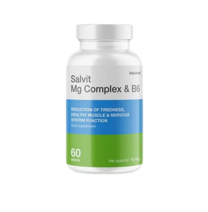 Supplement bottle labeled 'Salvit Mg Complex & B6' on a white background
