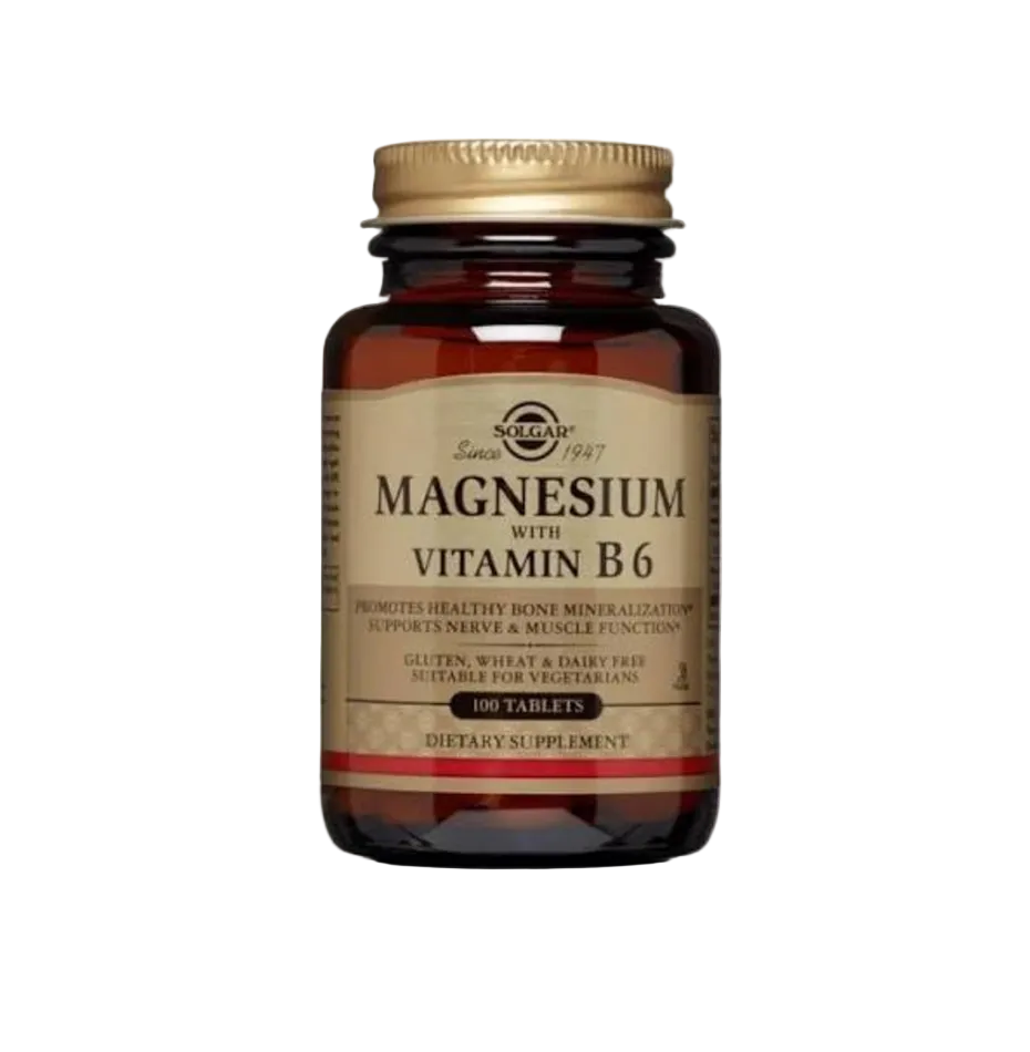 Supplement bottle labeled 'Magnesium with Vitamin B6' by Solgar on a white background