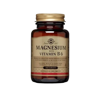 Supplement bottle labeled 'Magnesium with Vitamin B6' by Solgar on a white background