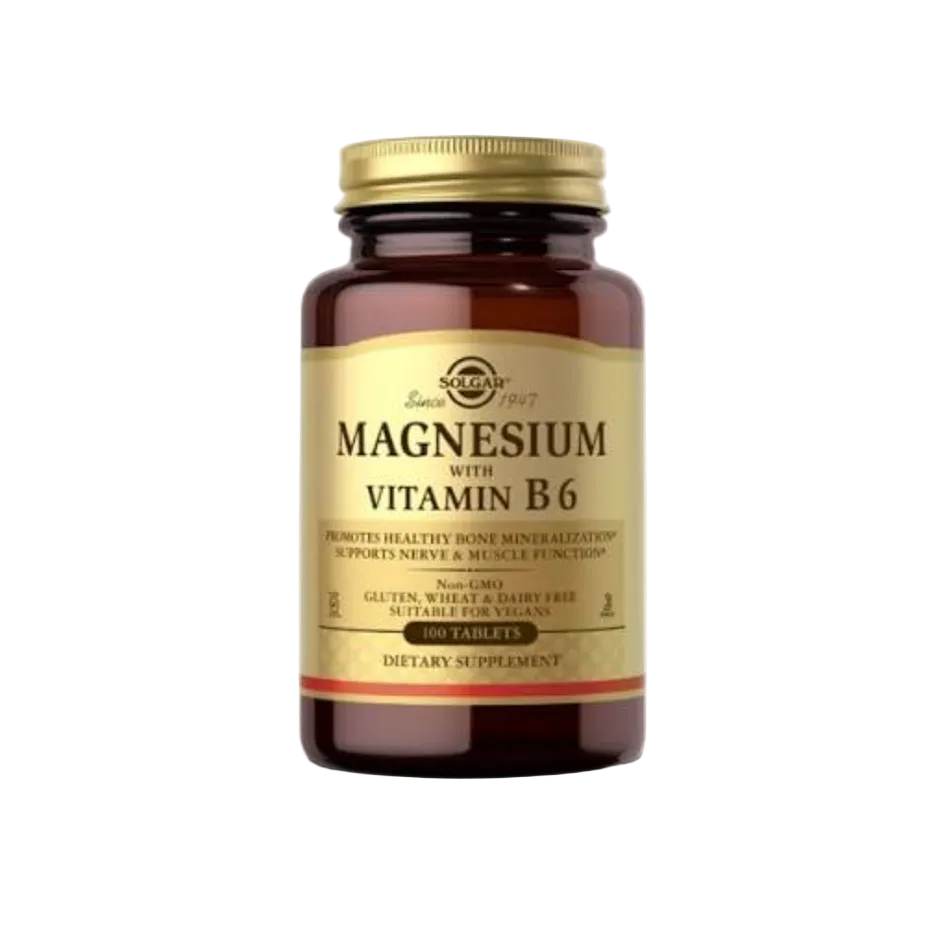 Supplement bottle labeled 'Magnesium with Vitamin B6' by Solgar on a white background