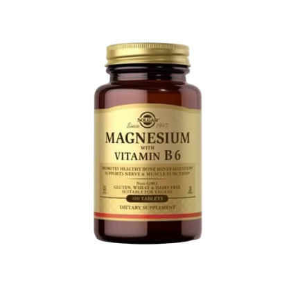 Supplement bottle labeled 'Magnesium with Vitamin B6' by Solgar on a white background