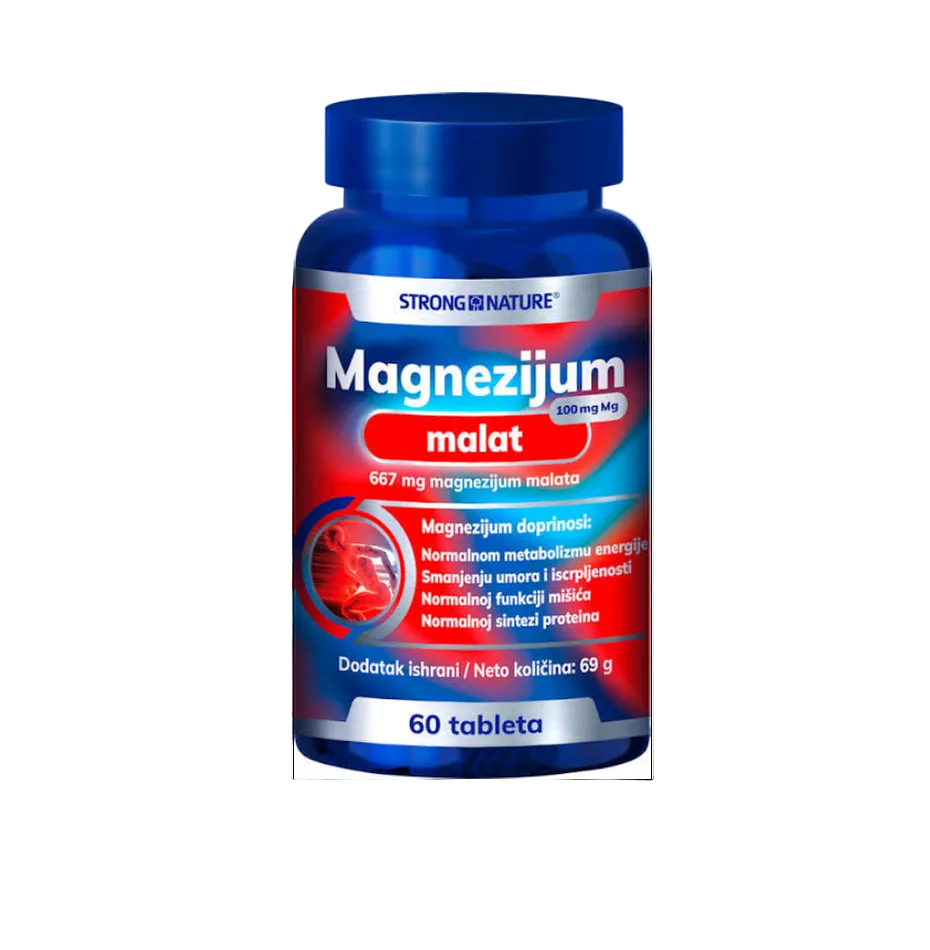 Bottle of Strong Nature Magnesium Malate supplement on a white background