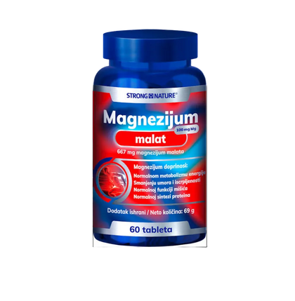 Bottle of Strong Nature Magnesium Malate supplement on a white background