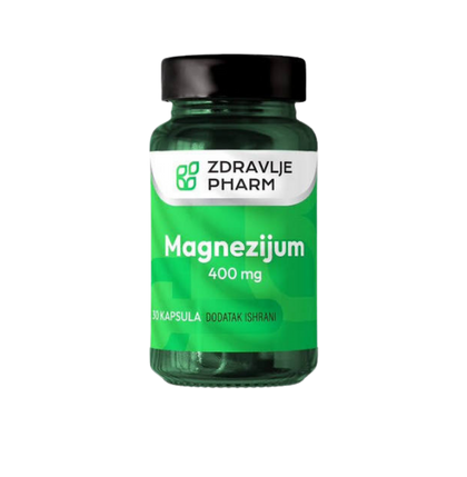 Green bottle of Zdravlje Pharm Magnesijum 400 mg on a white background